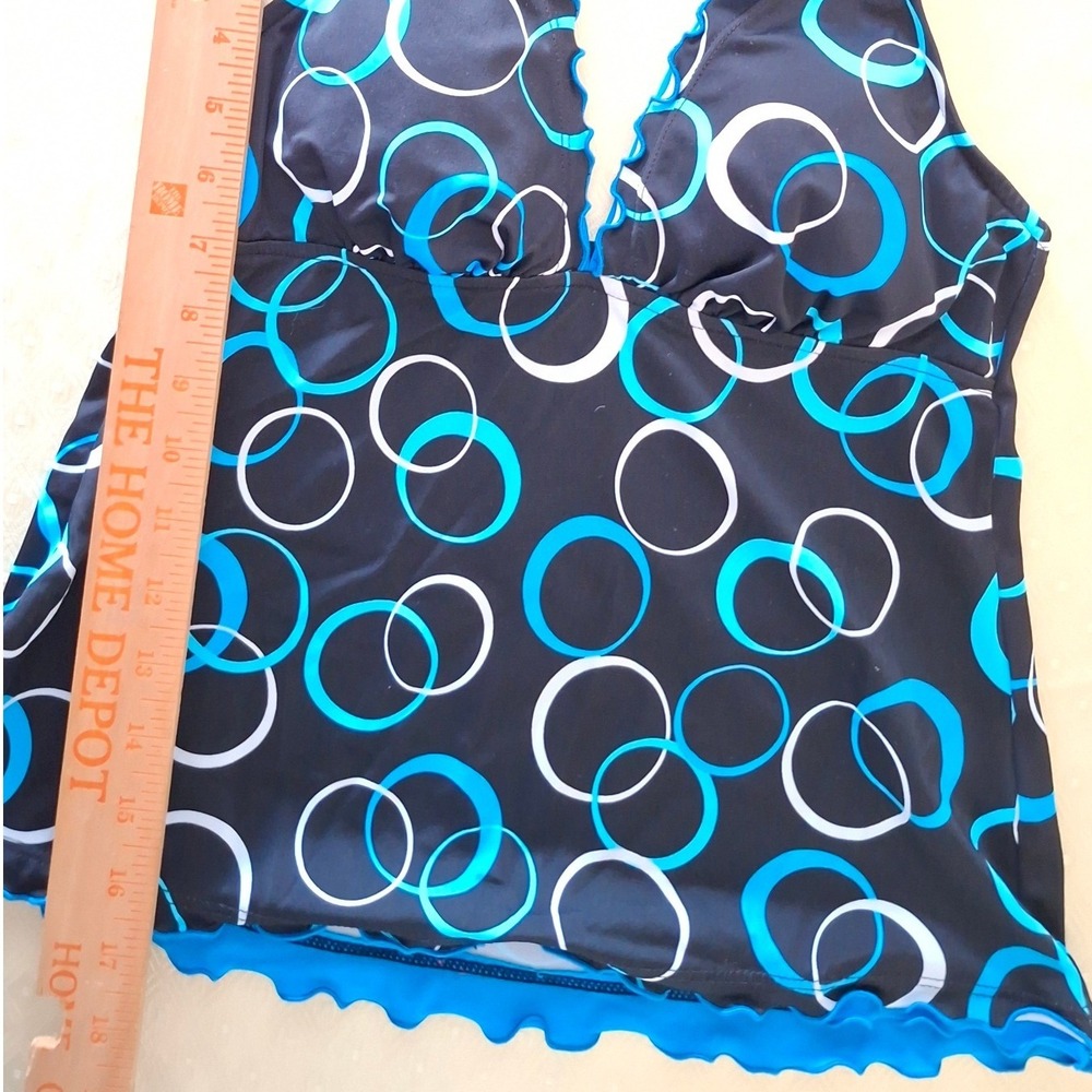 Caribbean Joe Swim Tankini 10 Black Turquoise Swimwear Tank Top Circle Halter